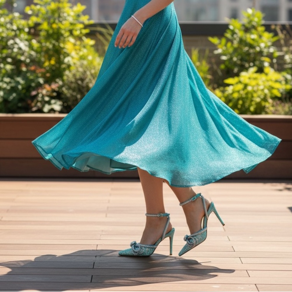 MACH & MACH Turquoise and Silver Glitter Heels - Picture 3 of 6
